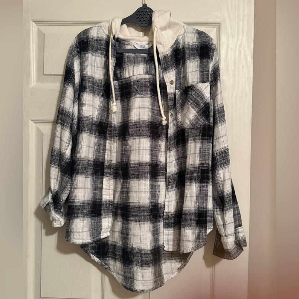 Time and Tru Black and White Plaid Shirt with Hoodie